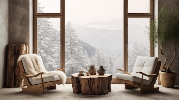 Table rustique et fauteuils en bois contre les fenêtres Design d'intérieur scandinave