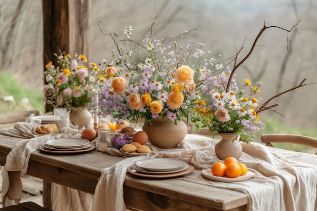 Une table rustique avec des œufs frais et des fleurs sauvages dans une lumière douce célébrant la Pâques naturellement