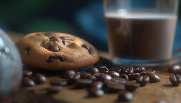 Une table rustique remplie de mets sucrés gourmands et de rafraîchissements générés par l'intelligence artificielle