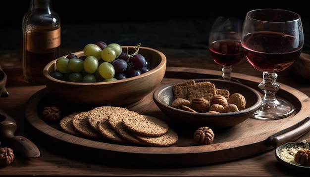 Table rustique avec un repas gourmet, une bouteille de vin et des fruits frais générés par l'IA