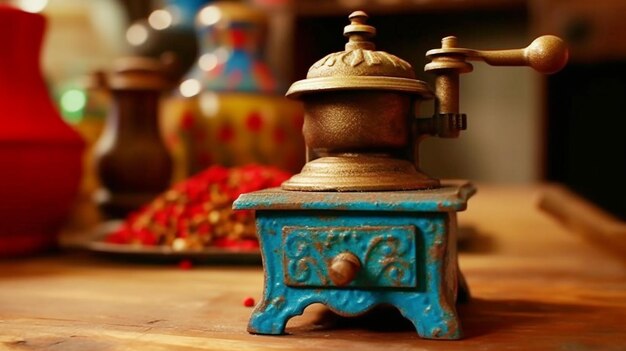 Une table rustique tient un moulin à café antique de près.