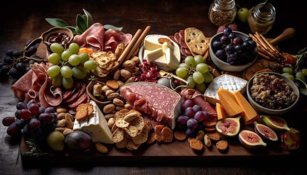 Table rustique avec viande gastronomique et fromage générés par l'IA