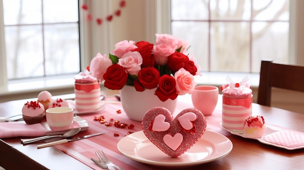 Une table de la Saint-Valentin avec des friandises en forme de cœur.