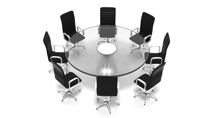 Photo table de salle de réunion ronde en verre avec chaises en cuir isolées sur blanc