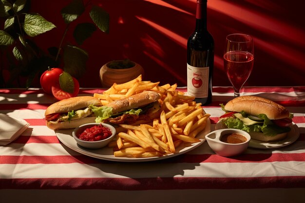 Table avec des sandwichs et des frites