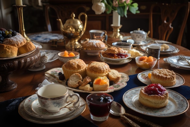 Table de scones aux tartes aux fruits et de thé pour un élégant thé de l'après-midi créé avec une IA générative