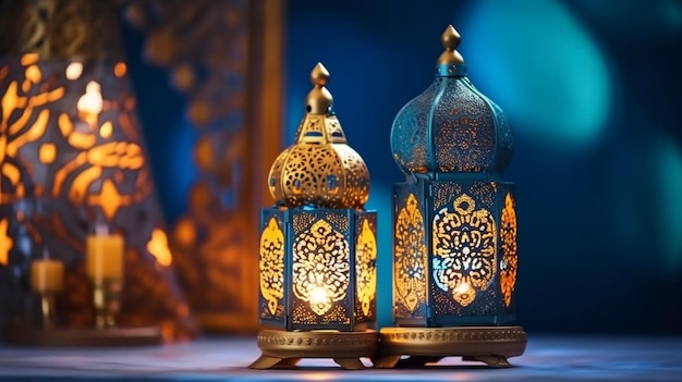 Sur la table se trouvent deux lanternes décoratives marocaines lumineuses Kareem carte de voeux et invitation pour le mois sacré musulman du Ramadan Generative AI