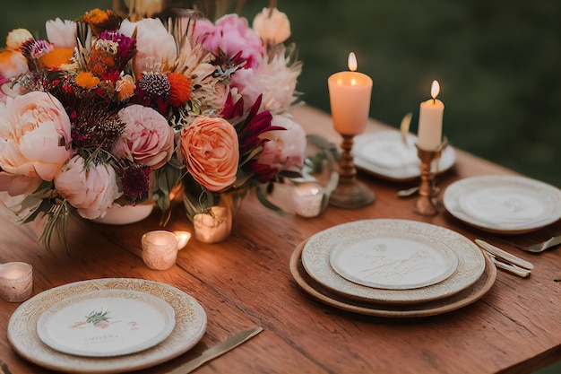 Table servie pour un dîner de mariage dans un style bohème chic Décor à partir de fleurs fraîches de pivoines roses orchidées et Leucospermum conocarpodendron Vaisselle assiettes verres et bougies Table en bois