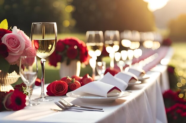Photo a table set for a romantic dinner with wine glasses and flowers