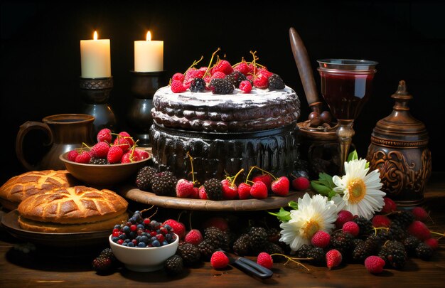 Table sombre avec divers gâteaux et desserts