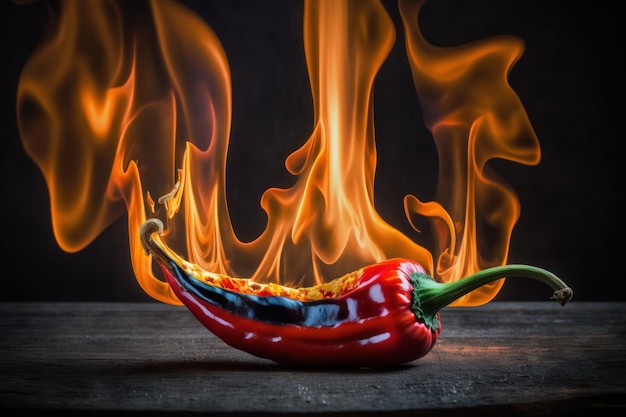 Sur une table sombre un piment rouge ardent Il y a un feu en toile de fond Photo