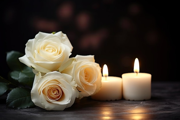 Photo table sombre avec une rose blanche et des bougies floues pièce pour le texte symbole d'un enterrement