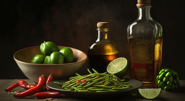 Sur une table sombre se trouve un bol de haricots verts et de tomates, quatre bols d'épices par bouteille