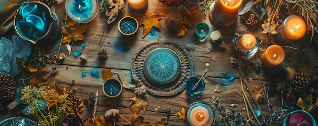 Photo table de sorcière avec des attributs magiques vue supérieure