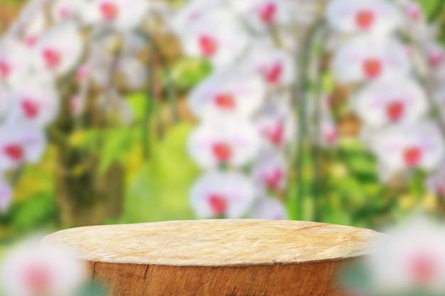 Photo table en souche d'arbre vide avec un fond de jardin d'orchidées flou pour l'affichage des produits