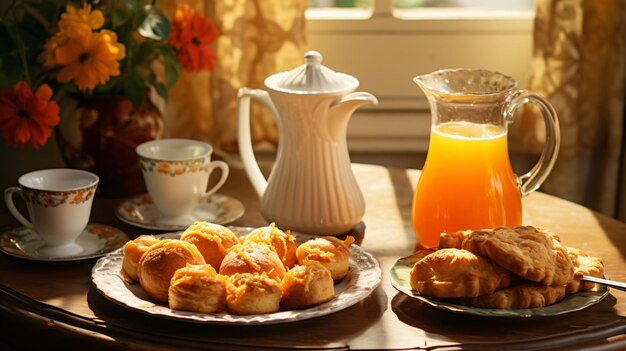 Photo une table surmontée d'assiettes de pâtisseries et de tasses