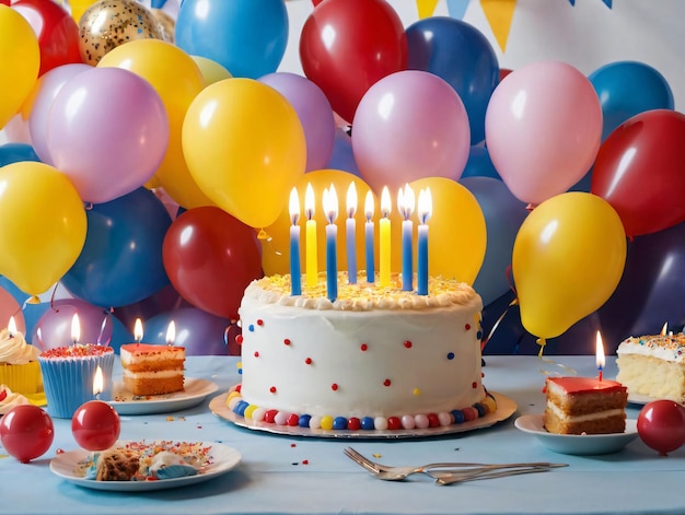 Une table surmontée d'un gâteau et de nombreux ballons