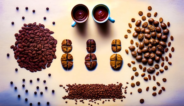 Photo table surmontée de nombreux types de grains de café ia générative