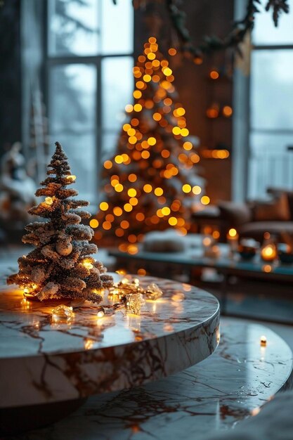 une table surmontée d'un sapin de Noël à côté d'une fenêtre
