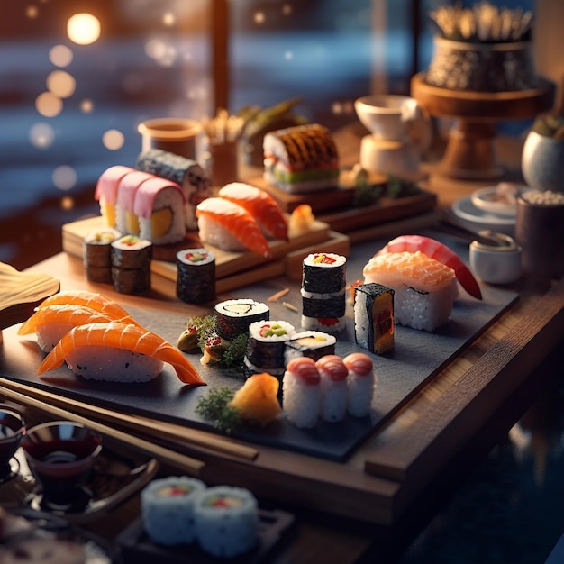 Une table avec des sushis et autres sushis dessus
