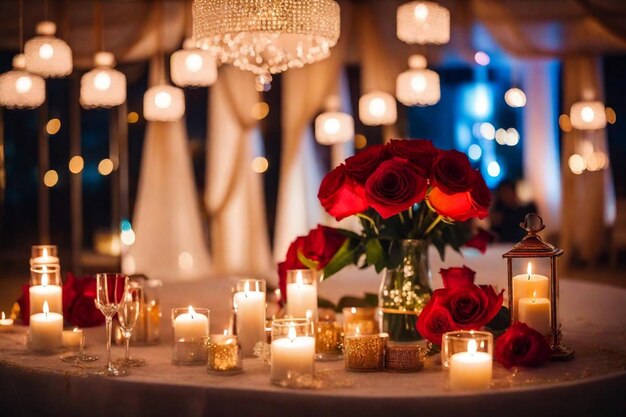 une table avec une table avec beaucoup de bougies et de fleurs dessus