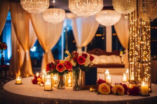 une table avec une table avec beaucoup de bougies et de fleurs