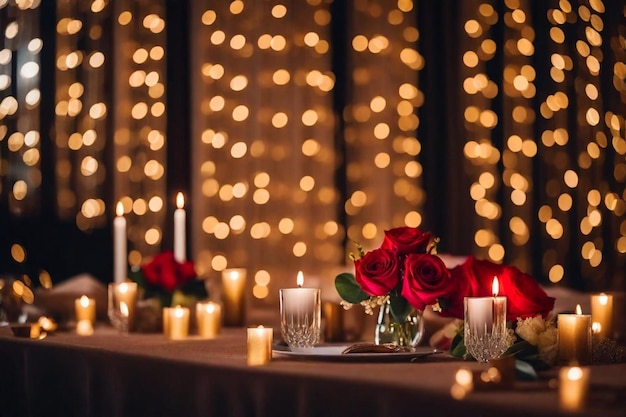 une table avec une table avec des bougies et une table avec un drap de table avec des roses rouges et des bougies