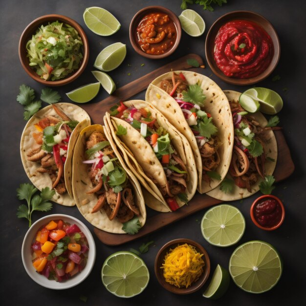 Une table avec des tacos, de la salse et de la salsa.