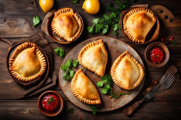 une table avec des tartes et des tartes sur elle, y compris un citron et du persil