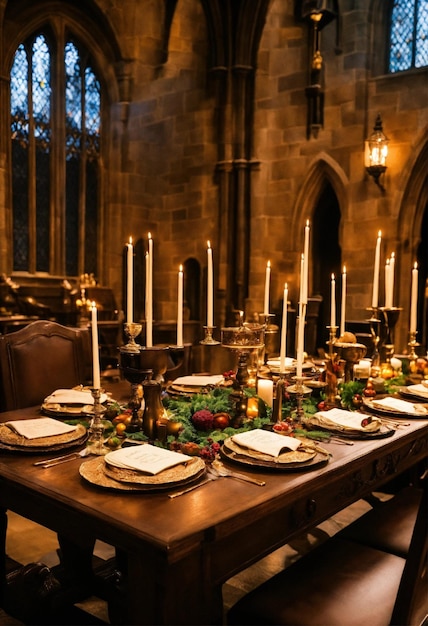 une table avec un tas d'assiettes et de bougies sur elle