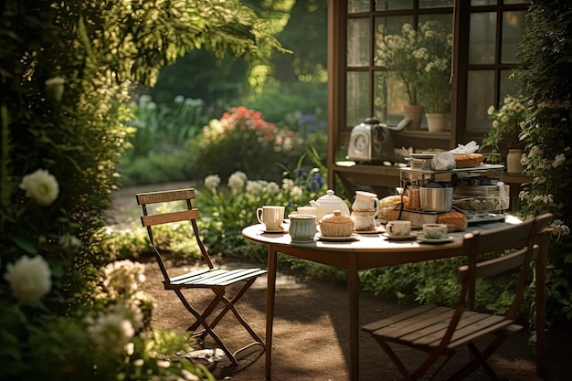 Une table avec un tas de pain et une tasse de café dessus