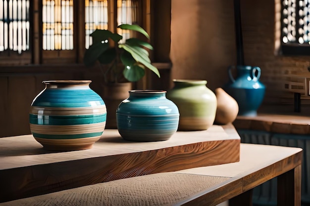 une table avec un tas de vases et un livre sur l'étagère