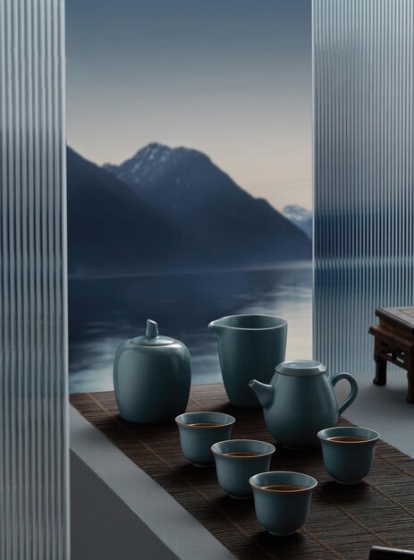 Une table avec une tasse bleue et une montagne en arrière-plan