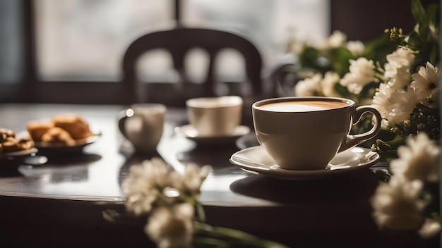 une table avec une tasse de café et un arrangement de fleurs.