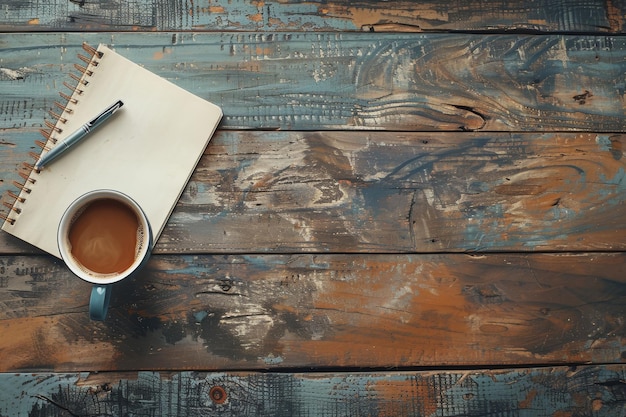 La table avec une tasse de café chaud l'atmosphère du matin bloc-notes stylo et l'espace sur le côté gauche