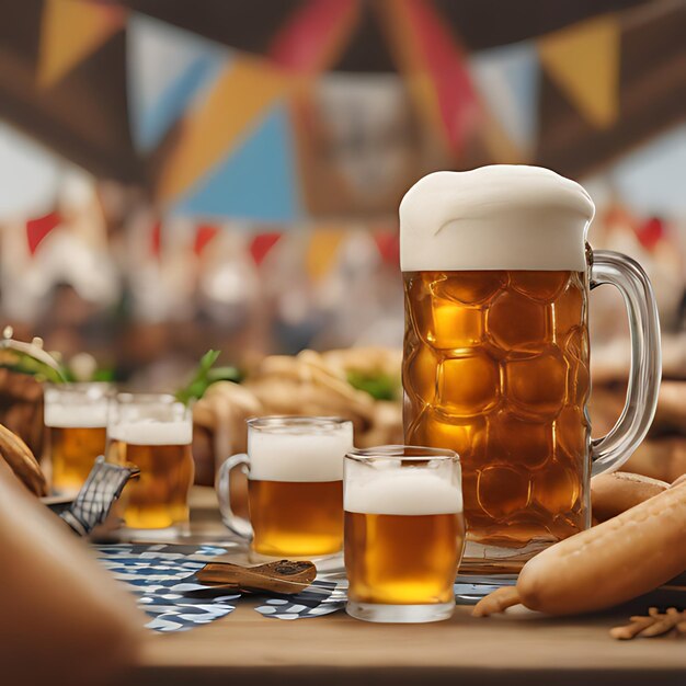 une table avec des tasses de bière et du pain et une tasse de bière