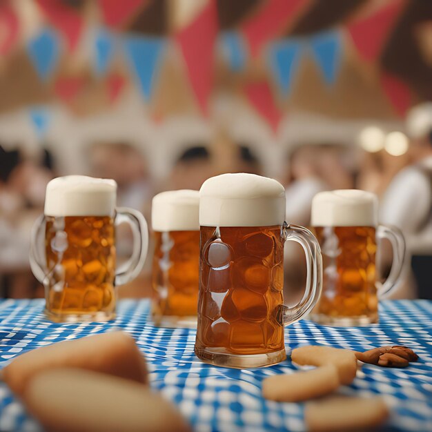 Photo une table avec des tasses de bière et une femme allongée dessus