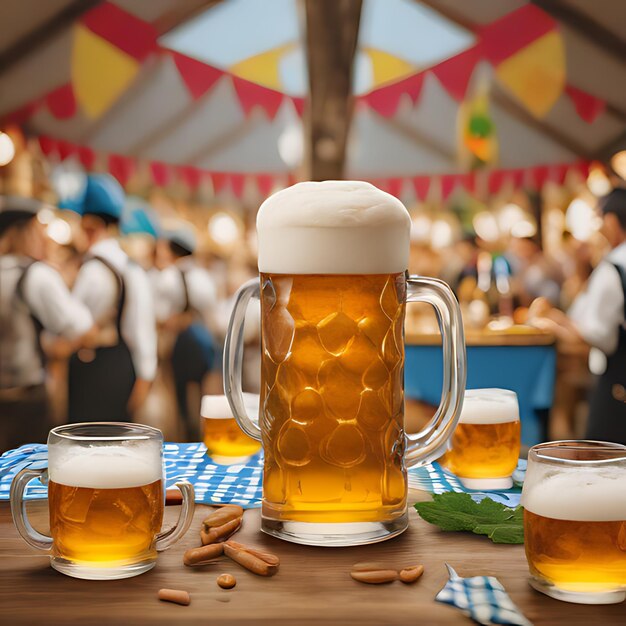 une table avec des tasses de bière et une tasse de bière dessus