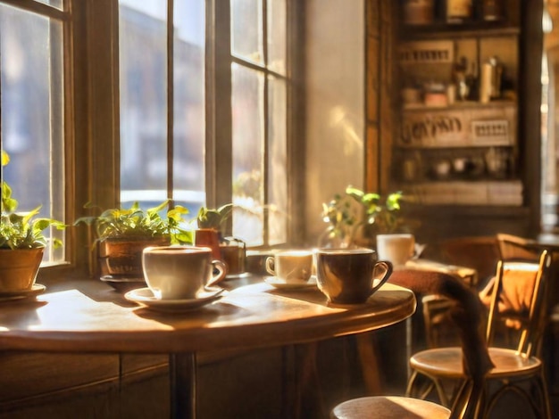 une table avec des tasses de café et un panneau disant " café "