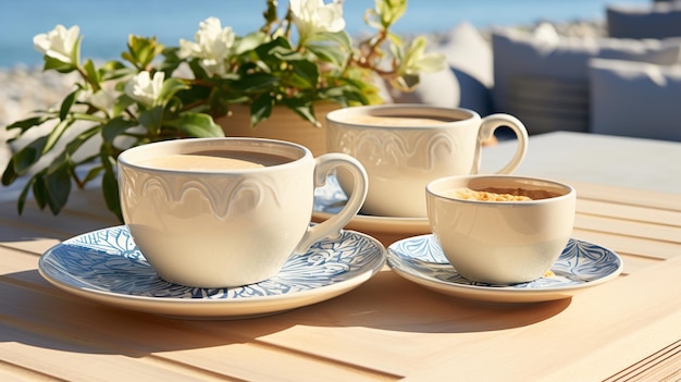 une table avec des tasses de café et une tasse de café dessus