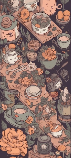 Une table avec des tasses et des fleurs dessus