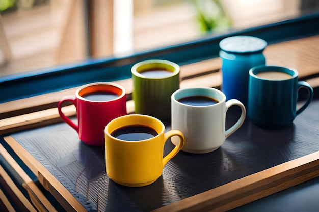 une table avec des tasses et des tasses colorées