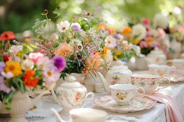 une table avec des tasses à thé et des tasse à thé dessus