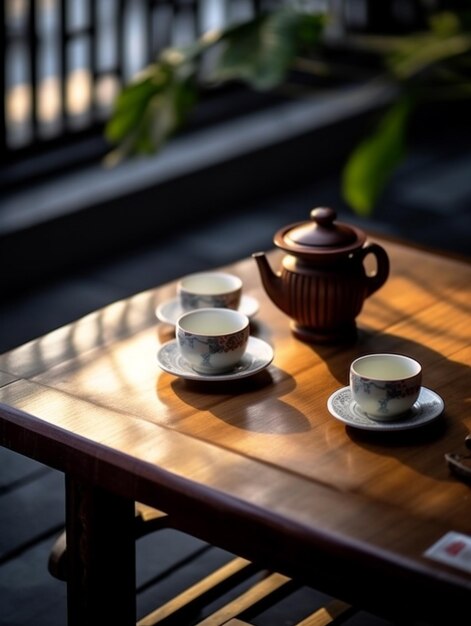 une table avec des tasses à thé et des tasse à thé dessus