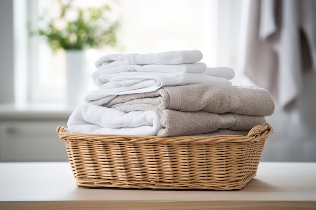 Une table tenant des serviettes bien rangées dans un panier