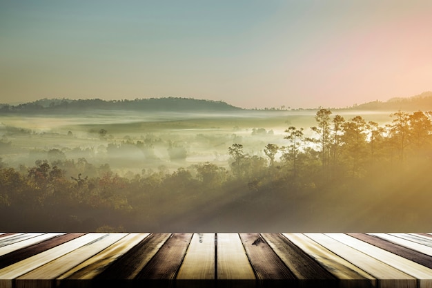 Table de terrasse en bois vide avec fond de forêt d&#39;automne. Prêt pour le montage de l&#39;affichage du produit.