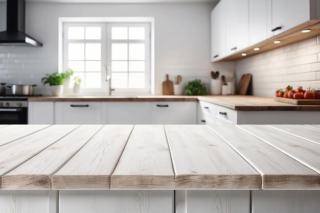 Table à texture en bois sur fond intérieur de cuisine rustique blanc flou modèle Epmty pour l'affichage de produits génératif Ai