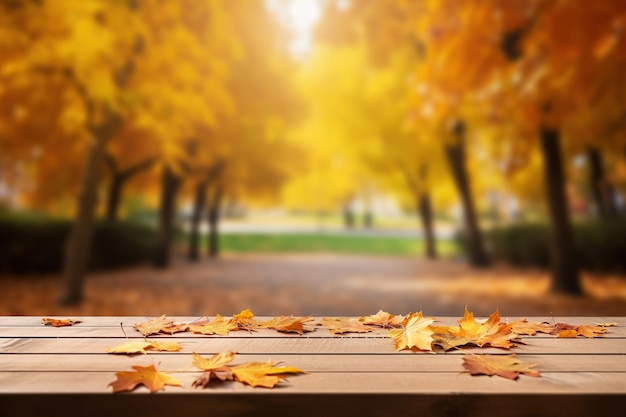 Table de texture en bois marron avec des feuilles sur fond de parc d'automne flou