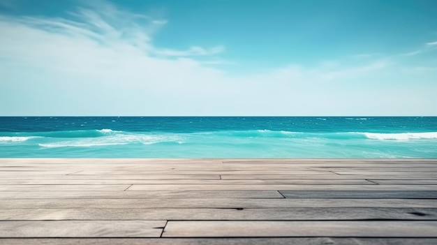 Table de texture en bois avec mer bleue et ciel lumineux sur fond d'été Generative AI AIG21