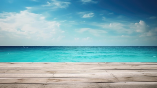 Table de texture en bois avec mer bleue et ciel lumineux sur fond d'été Generative AI AIG21
